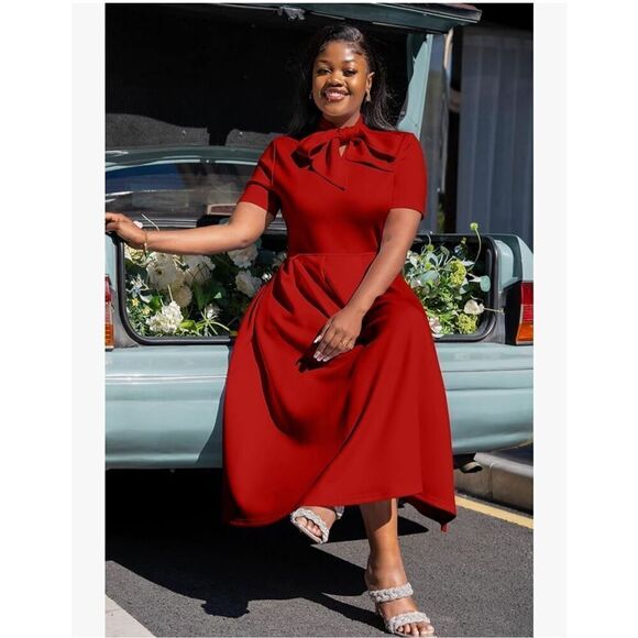 NEW Red Elegant Short Sleeve Career A-Line Dress Pockets 2X - Picture 4 of 6